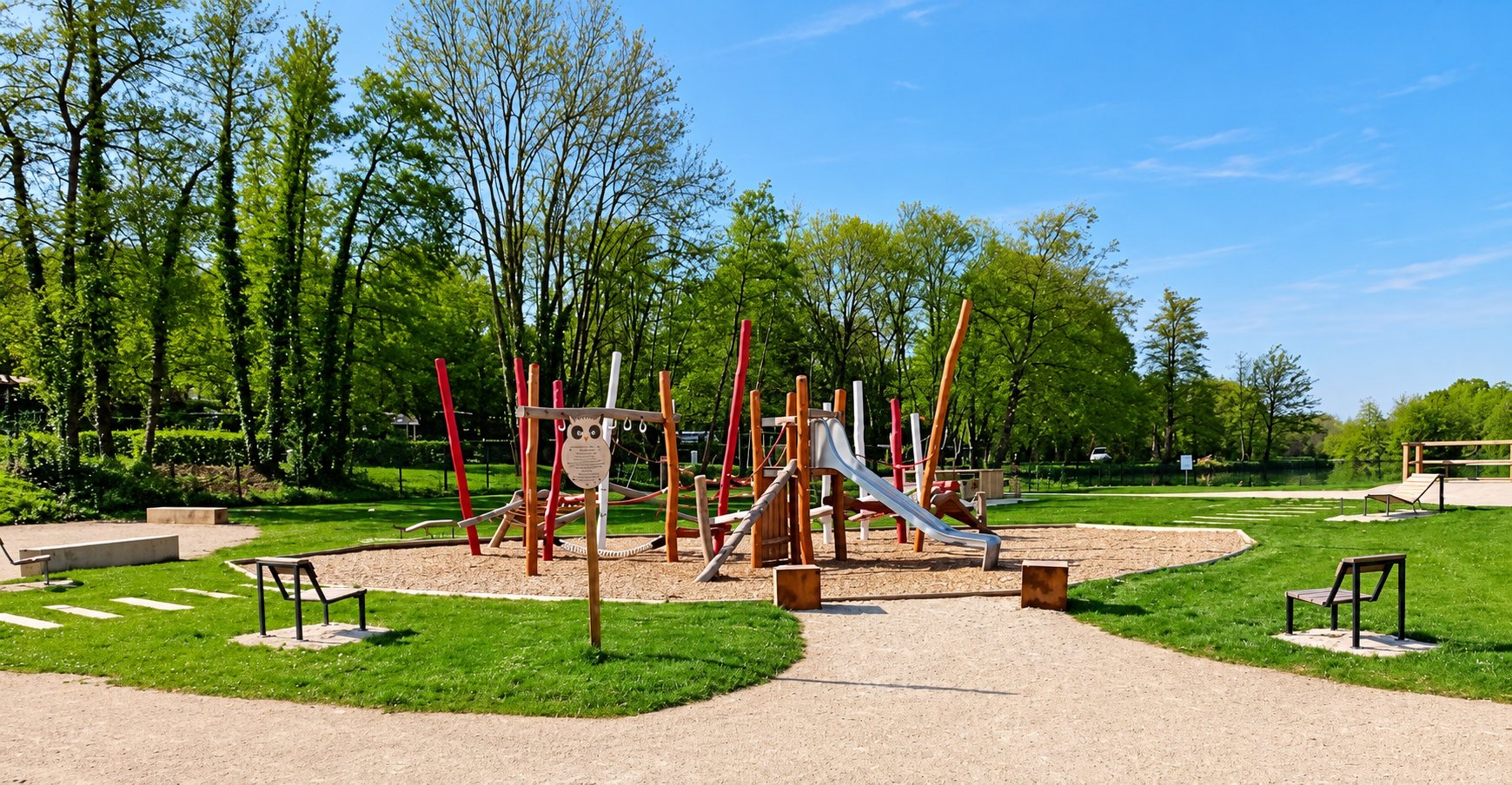 Une aire de jeux en bois avec toboggan et portiques, entourée de pelouse, de bancs et d'arbres, au bord d'une rivière par temps ensoleillé.