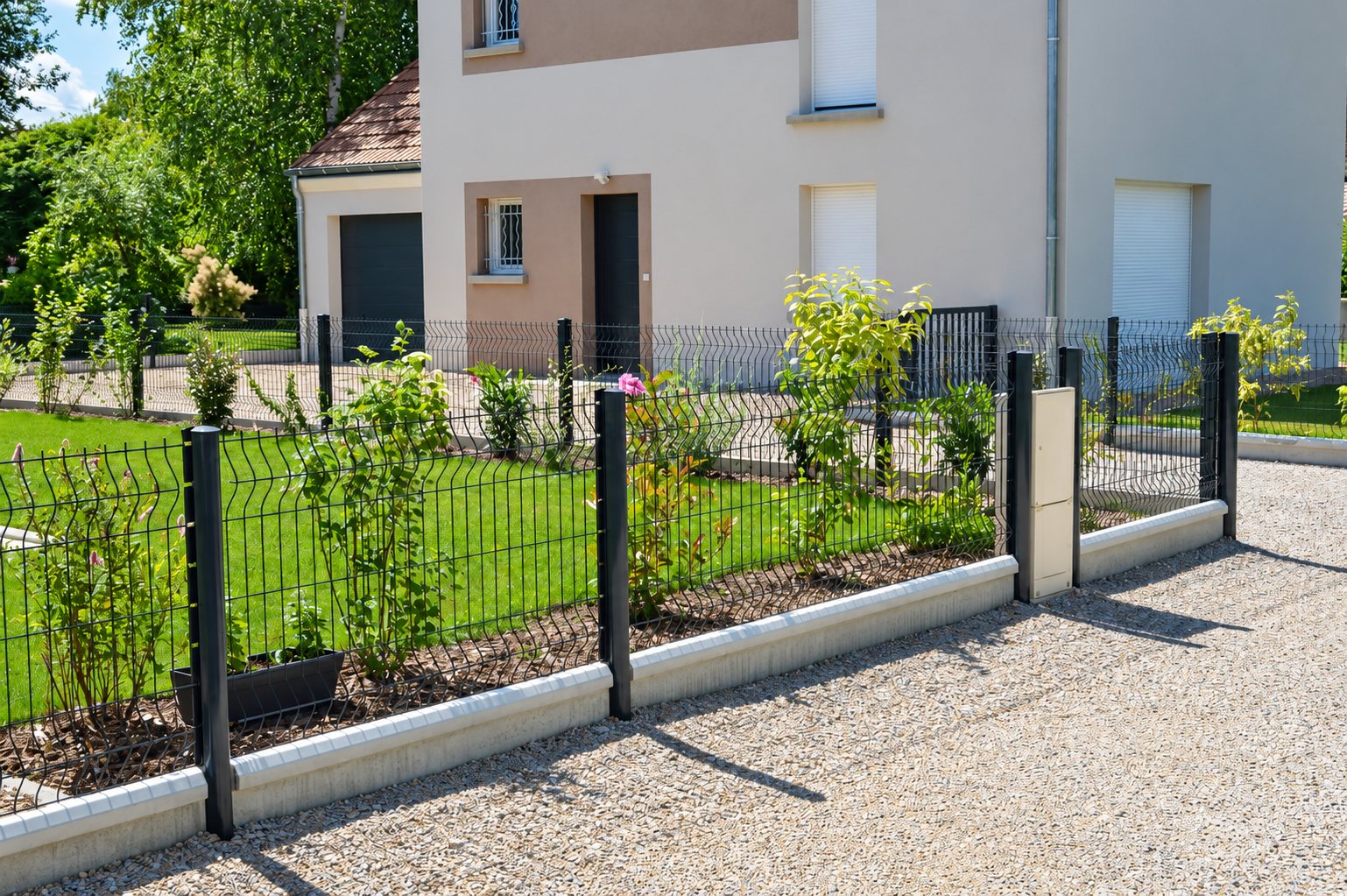 Une clôture en panneaux de grillage rigide anthracite sur soubassement béton borde un jardin engazonné et fleuri devant une maison récente.