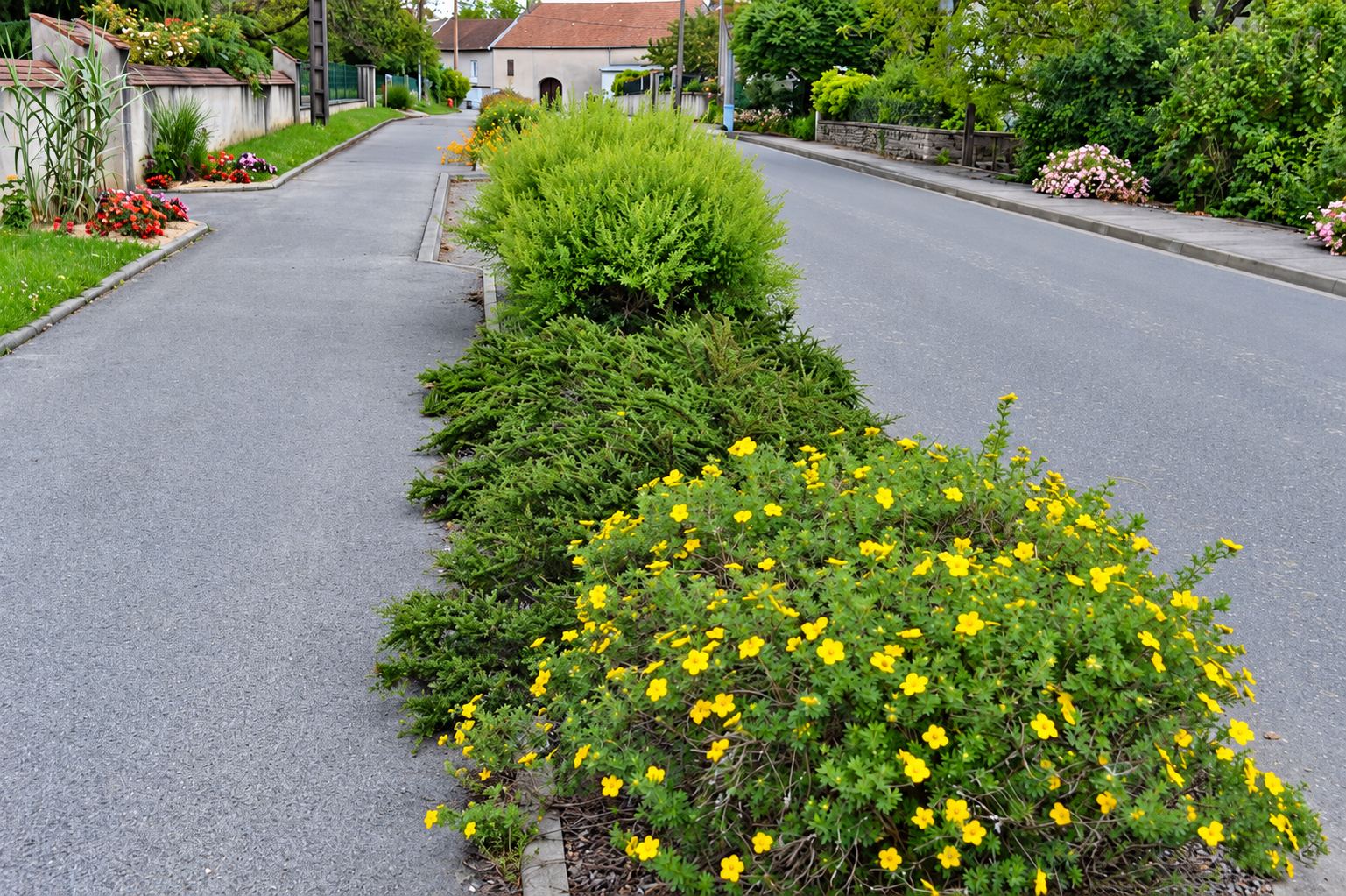 Un massif d'arbustes verts et de potentilles à fleurs jaunes sépare deux voies d'une rue de village bordée de maisons et de jardins fleuris.
