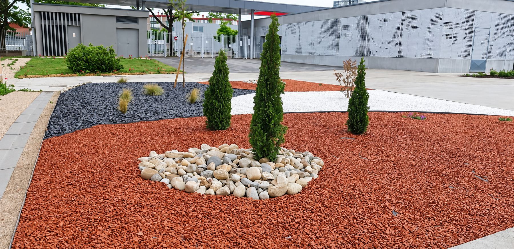 Un massif d'aménagement paysager composé de graviers rouges, d'ardoise noire et de galets clairs, planté de trois petits thuyas devant un bâtiment moderne.