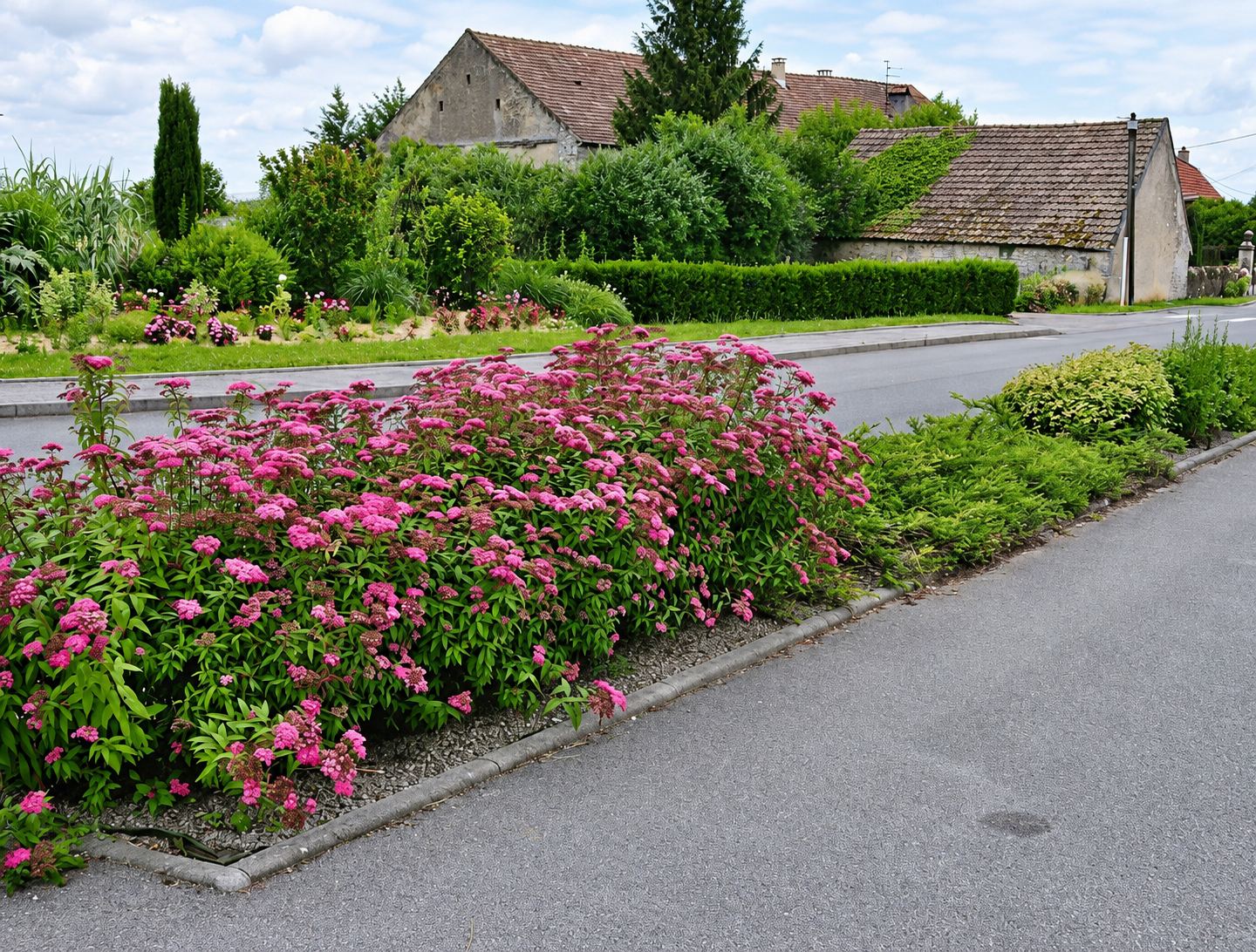 Un massif de spirées aux fleurs roses borde une route de village, avec des haies et de vieilles maisons en pierre à l'arrière-plan.