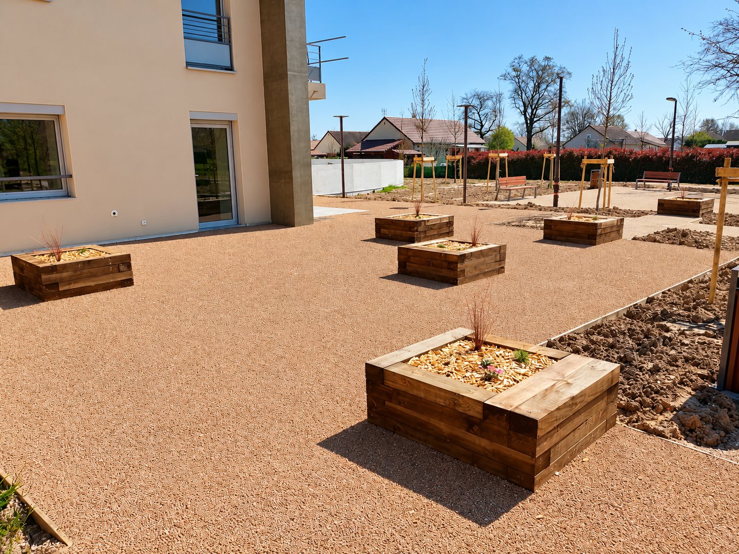 Une terrasse de gravier clair devant un immeuble récent, aménagée avec des bacs de plantation en traverses de bois et de jeunes arbres tuteurés.